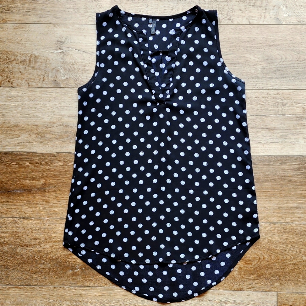 Maurices Womens Small Polka Dot Sheer V Neck Layering Tank Top Hi-lo Hem Black